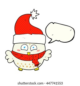 freehand drawn comic book speech bubble cartoon owl wearing christmas hat