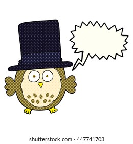 freehand drawn comic book speech bubble cartoon owl wearing top hat