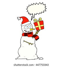 freehand drawn comic book speech bubble cartoon snowman holding present