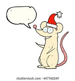 ratón de dibujos animados de libre mano de libro de historietas discurso de burbuja con sombrero de navidad