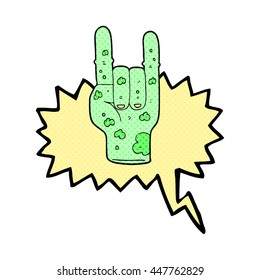 freehand drawn comic book speech bubble cartoon zombie hand making horn sign