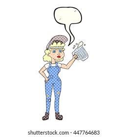 freehand drawn comic book speech bubble cartoon hard working woman with beer 