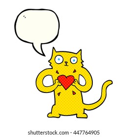 freehand drawn comic book speech bubble cartoon cat with love heart