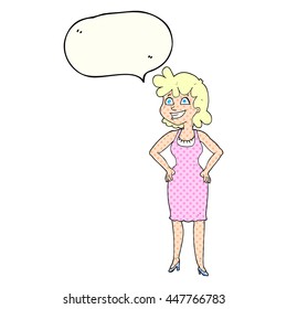 dibujo a mano libre libro de historietas discurso burbuja caricatura mujer feliz usando vestido