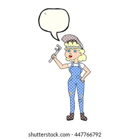 freehand drawn comic book speech bubble cartoon capable woman with wrench