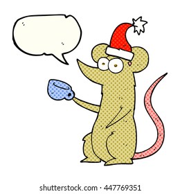 ratón de dibujos animados de libre mano de libro de historietas discurso de burbuja con sombrero de navidad