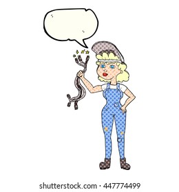 freehand drawn comic book speech bubble cartoon electrician woman