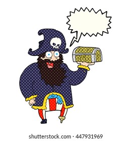 caricatura dibujada a mano libre de libro de historietas de la burbuja caricatura capitán pirata con cofre del tesoro