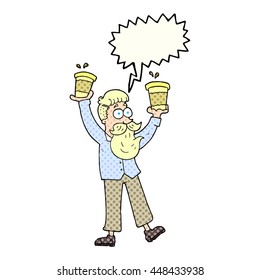freehand drawn comic book speech bubble cartoon man with coffee cups