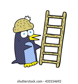 caricatura pingüino con estilo de libro de historietas dibujado a mano libre con escalera