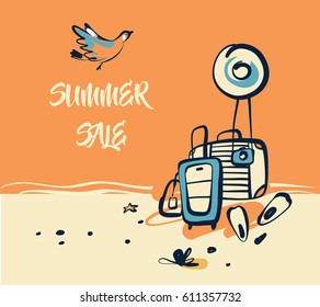 Freehand drawn concept image with bird and text Summer sale on orange background.