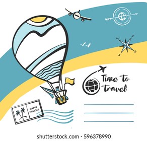 Freehand drawn concept image with text. Time to summer travel tour. Element design corporate identity, logotype, banner, poster, flyer for tourism business agency, operator, company.
