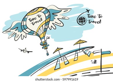 Freehand drawn concept image with text. Time to summer travel tour. Element design corporate identity, logotype, banner, poster, flyer for tourism business agency, operator, company.