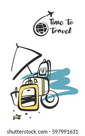 Freehand drawn concept image with text. Time to summer travel tour. Element design corporate identity, logotype, banner, poster, flyer for tourism business agency, operator, company.