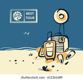 Freehand drawn concept image with text Best tour. Element design corporate identity, logotype, banner, poster, flyer for tourism business agency, operator, company. Summer travel.