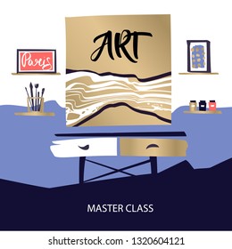 Freehand drawn concept learning draw, workshop. Silhouette artist paint picture, art brush, logo design. Master class drawing, creativity and inspiration, vector design and illustration. 