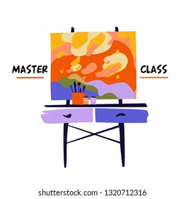 Freehand drawn concept learning draw, workshop. Silhouette artist paint picture, art brush, logo design. Master class drawing, creativity and inspiration, vector design and illustration. 