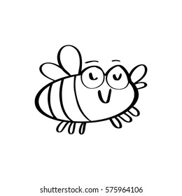 Freehand drawn cute bee flying and smile.