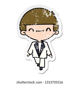 freehand drawn distressed sticker cartoon of cute kawaii boy in suit