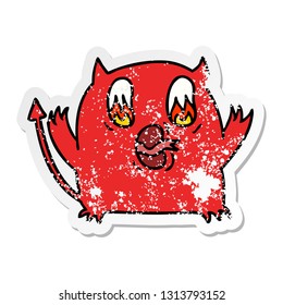 freehand drawn distressed sticker cartoon of cute kawaii red demon