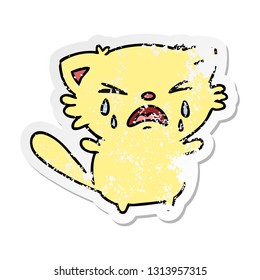 freehand drawn distressed sticker cartoon of cute kawaii crying cat