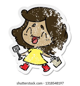 freehand drawn distressed sticker cartoon of cute kawaii girl with bucket and spade