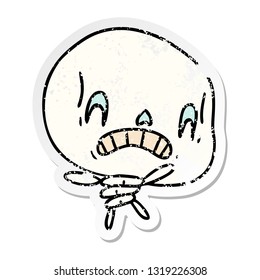 freehand drawn distressed sticker cartoon of spooky kawaii skeleton