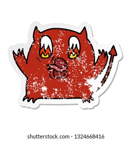 freehand drawn distressed sticker cartoon of cute kawaii red demon