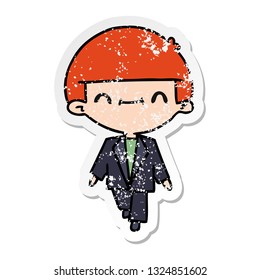 freehand drawn distressed sticker cartoon of cute kawaii boy in suit