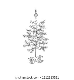 Freehand drawn doodle Christmas tree decorated with vintage ornaments balls baubles stars. New Year Greeting Card Poster. Vector Illustration