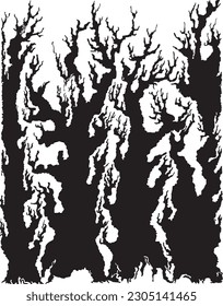 Freehand drawn dry tree outlines, with branches, with convoluted contours
