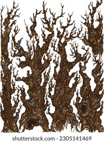 Freehand drawn dry trees, with branches, convoluted contours in earth tone colors
