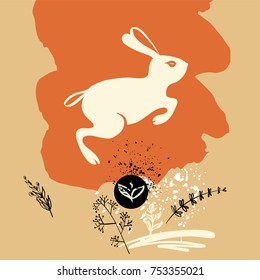 Freehand drawn element design for banner, poster, card, postcard with rabbit. Chinese symbol of moon and longevity.  Sketch vector illustration. 