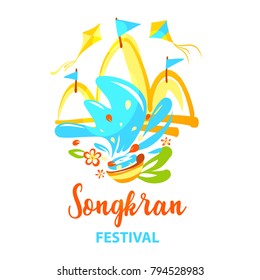 Diseño de elemento dibujado a mano alzada para el Anuncio, cartel para fiesta de sonrisa divertida. Flyer de Plantilla tradicional tailandés día de año nuevo. Festival de Tailandia feliz songkran. Bosqueja el logotipo de estilo colorido. Ilustración vectorial. 
