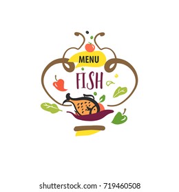 Freehand drawn element design logo for fish, salad and vegetable in menu of cafe, bar,restaurant. Sketch vector illustration. Template logo with fried fish.