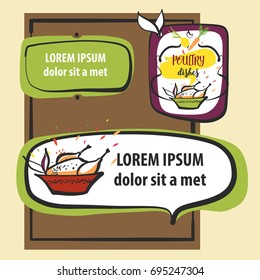 Freehand drawn element design poster, banner, logo for meat, poultry dish, product in menu of cafe, bar restaurant. Sketch vector illustration for blog with home recipe meat and poultry dish.