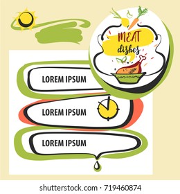 Freehand drawn element design poster, banner, logo for meat, poultry dish in menu of cafe, bar restaurant. Sketch vector illustration for blog with home recipe meat and poultry dish with vegetable