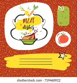 Freehand drawn element design poster, banner, logo for meat, poultry dish in menu of cafe, bar restaurant. Sketch vector illustration for blog with home recipe meat and poultry dish with vegetable