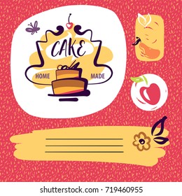 Freehand drawn element design poster, banner, logo corporate identity for home made cake. Sketch vector illustration for blog with home recipe sweet cake.