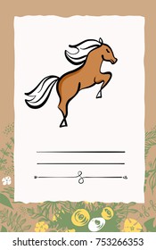Freehand drawn element design for poster, banner, logo with sketch image of horse. Flora design. Open space for text. 