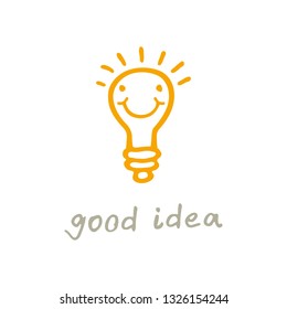 Freehand drawn face smile on a yellow glowing light bulb. Good idea. Vector free hand drawn logo. Can be used for different designs, for example a print on a t-shirt.
