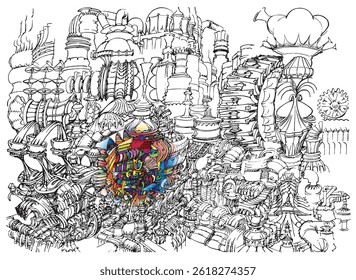 Máquina de fantasia desenhada à mão livre como cena industrial