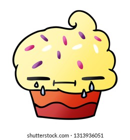 freehand drawn gradient cartoon of a crying cupcake