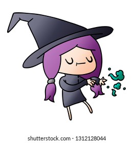 freehand drawn gradient cartoon of cute kawaii witch