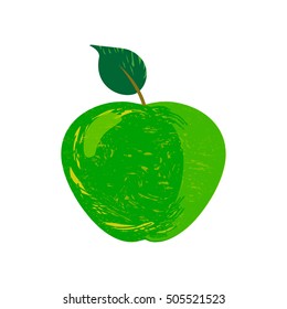 Freehand drawn green apple illustration. Vector sign emblem. Cartoon fruit icon Isolated on white. Textured grunge retro style. Design idea for healthy vegetarian apple food, grocery garden product