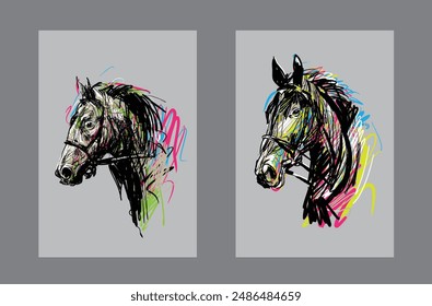 Dibujado a mano alzada cabeza de caballo silueta arte de Ilustración vectorial.