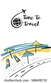 Freehand drawn  illustration with black logo for summer travel business tour agency. Sun umbrella on the beach with road.  