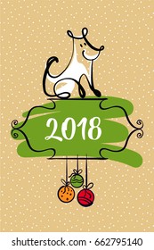 Freehand drawn illustration design template greeting card, poster, banner for 2018 year of earth dog. Sketch image of dog on color background. Translation chinese: happy new year.