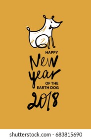 Freehand drawn illustration design template greeting card, poster, banner for 2018 year of earth dog. Sketch image of dog on color background. 