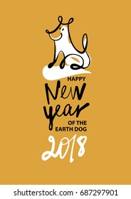 Freehand drawn illustration design template greeting card, poster, banner for 2018 year of earth dog. Sketch image of dog on color background. 